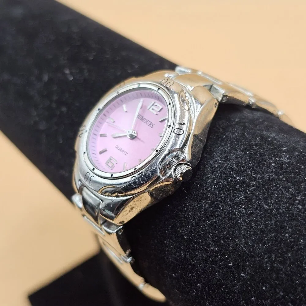 Vintage Rumours Silver Tone Women's Bracelet Watch Pink Dial Quartz New Battery